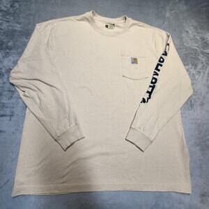 Carhartt Shirt Mens XL Beige Long Sleeve Pocket Logo Loose Fit Back Print Navy